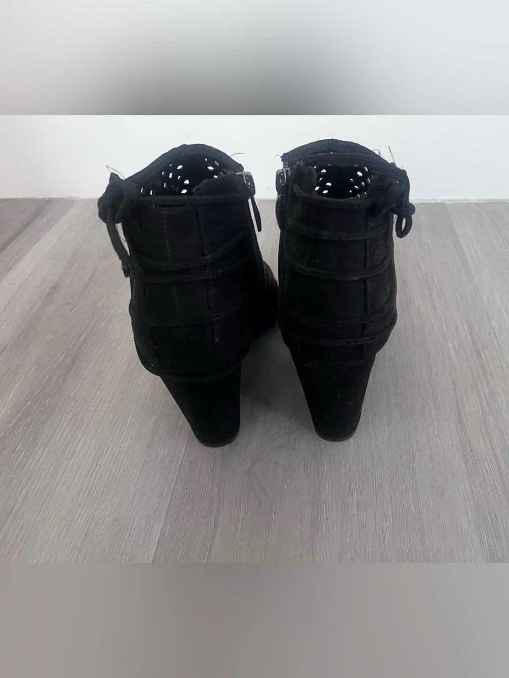 Jessica Cline faux suede peep toe booties